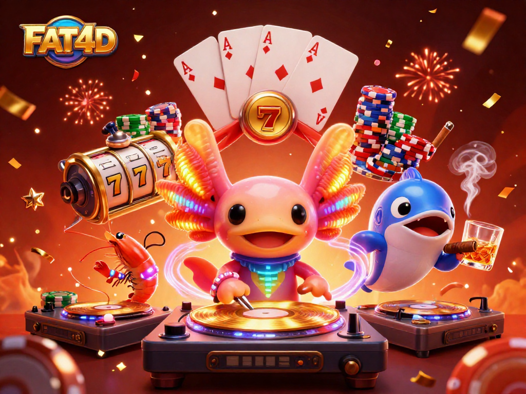 Engage in thrilling gameplay with FAT4D's RTP slots, axolotl DJ, and feast of colorful chips.