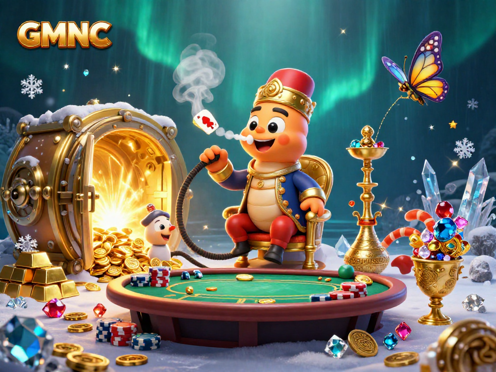 Immerse in GMNC's vibrant casino scene with poker symbols, golden treasures, and lively characters.