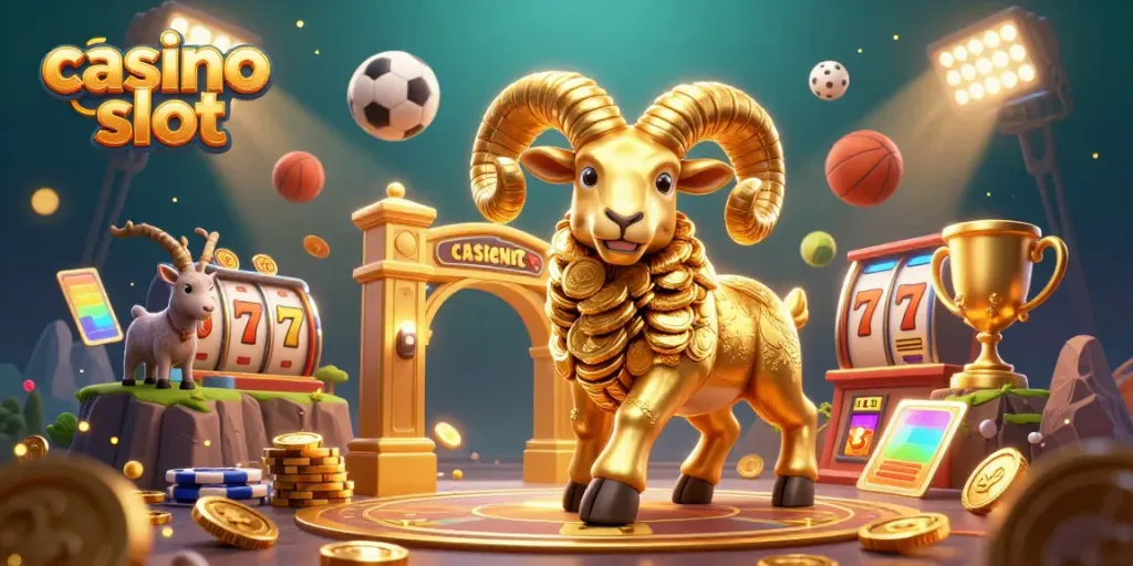 Experience thrilling casino slot action with a golden ram charging at a jackpot, amidst vibrant gaming elements.