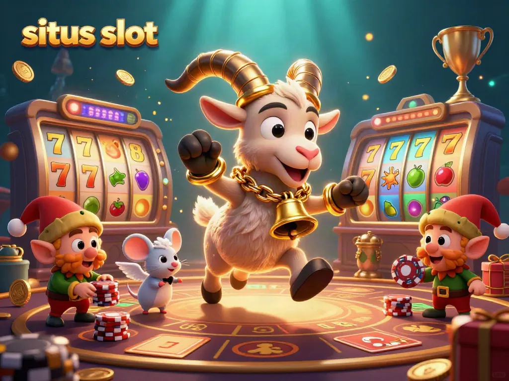 Slot kasino menarik dengan simbol buah dan 7 keberuntungan, menampilkan Krampus dan tikus malaikat.