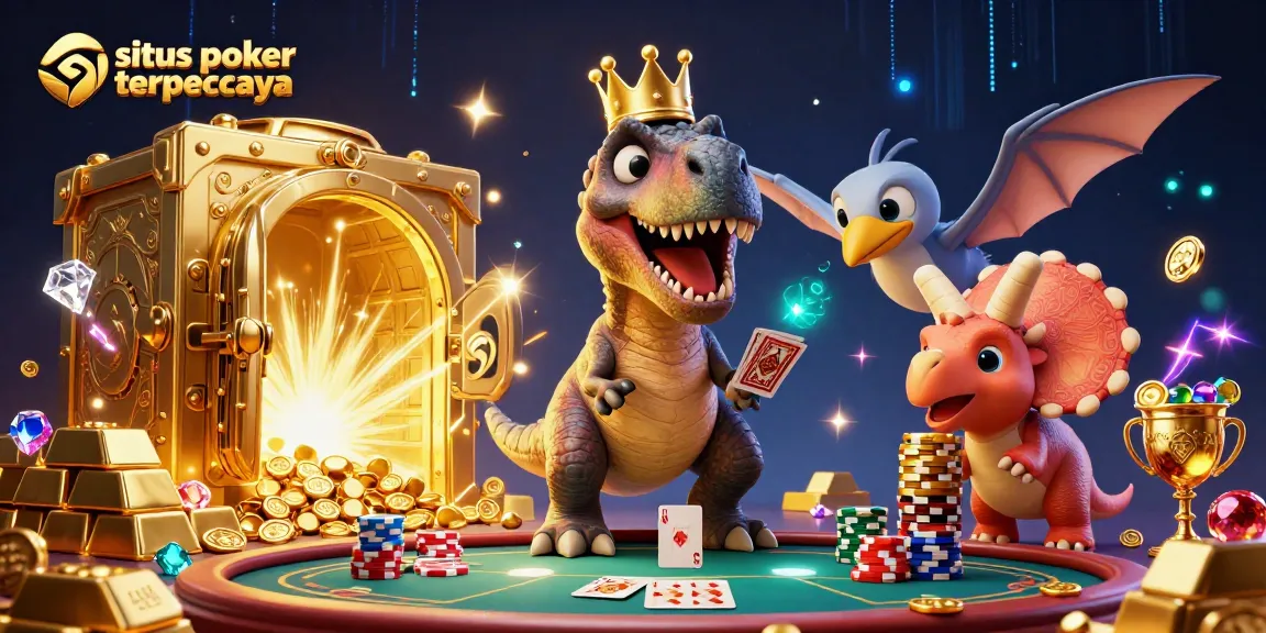 Experience fun at situs poker terpercaya with a colorful T-Rex shuffling cards, gems, and golden chips!