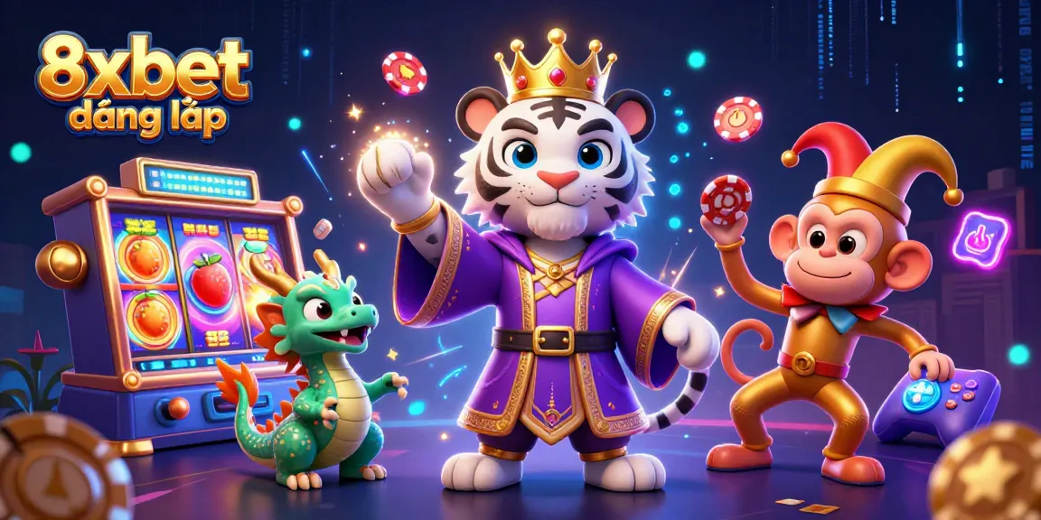 Experience the excitement of 8xbet đăng nhập with a vibrant casino illustration featuring characters and slot games.