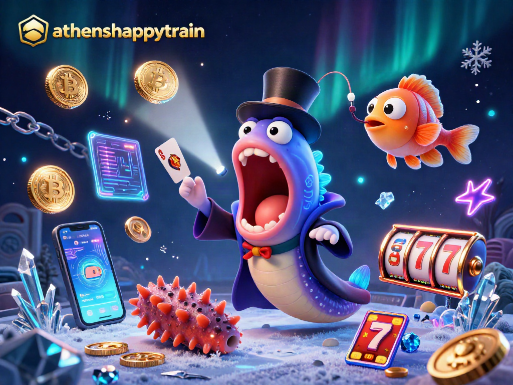 Experience the magical showcase of athenshappytrain with neon casino elements and sea creatures.