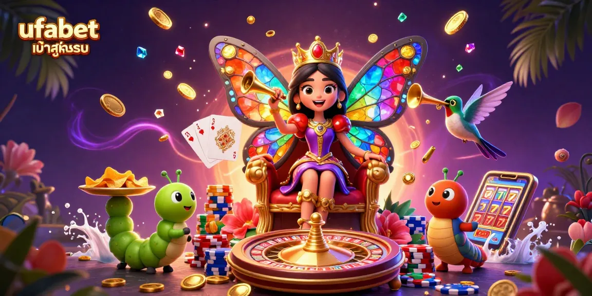 Play and win at ufabet เข้าสู่ระบบ with a dazzling 3D casino scene featuring butterfly queen and poker elements.
