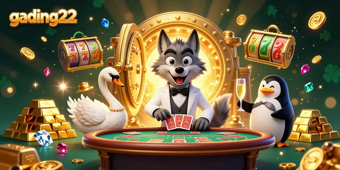 Play games at gading22 with a sophisticated wolf and swan in a vibrant casino setting.