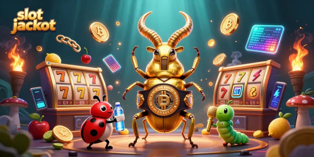 Ilustrasi 3D slot jackpot yang memukau dengan karakter jerami dan elemen permainan slot yang penuh warna.
