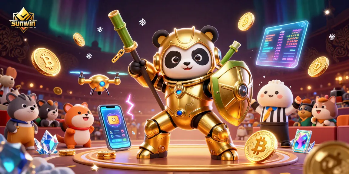Engage with sunwin's exciting gaming atmosphere featuring a mech-suit panda in a vibrant casino scene.