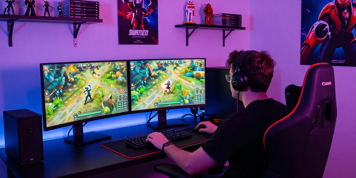 Player engaged in intense gaming session using sunwin platform, dual monitors with vibrant game graphics.