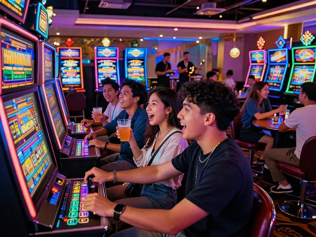 Exciting casino gaming night showcasing friends engaging with slot thailand machines in a vibrant atmosphere.
