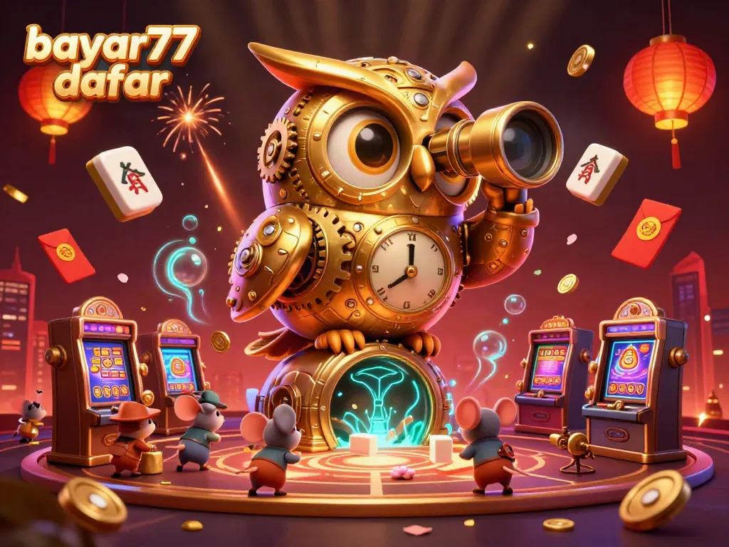 Engage with bayar77 daftar, showcasing an exciting casino scene with a golden owl and vibrant game elements.