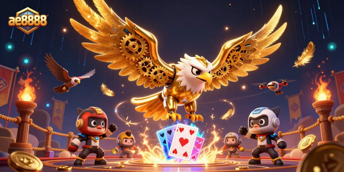 Engage with exciting gameplay at ae8888 with a vibrant 3D illustration of a cybernetic eagle amidst casino elements.