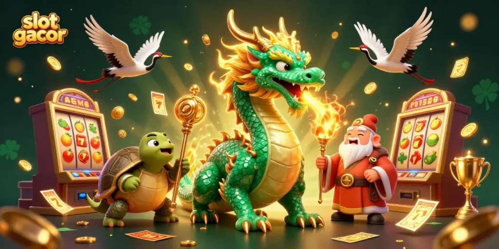 Menggali slot gacor pada ilustrasi 3D yang menampilkan naga zamrud besar dan elemen kasino