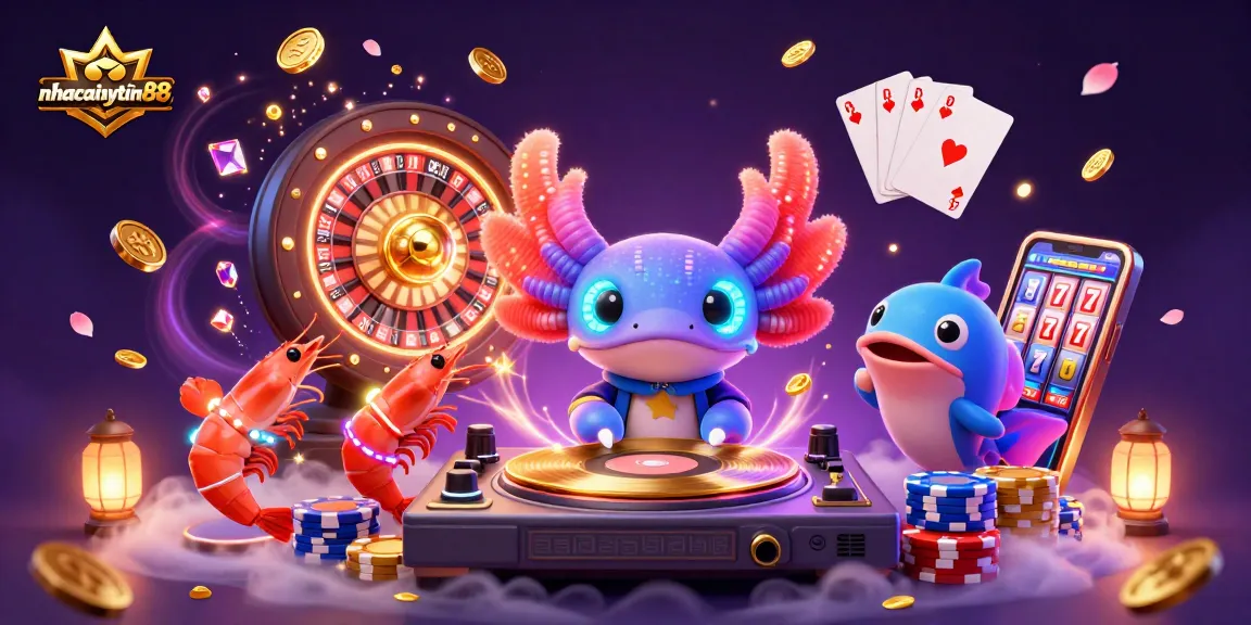 Join the fun at nhacaiuytin88 with vibrant casino scenes featuring neon axolotl DJ and exciting gameplay elements.