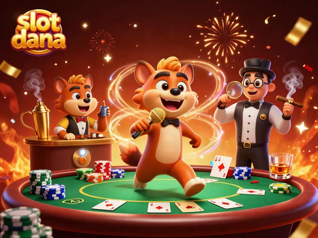 Gambarkan suasana slot dana dengan komedian hyena, bartender, dan bouncer di casino.