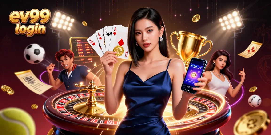 Experience the exciting world of online betting with the ev99 login interface showcased by a sophisticated woman.