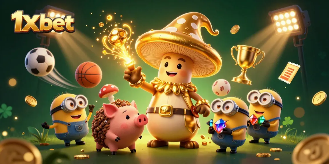 Experience 1x bet magic with golden wizard and treasure-hunting pig in an immersive 3D sports betting scene.