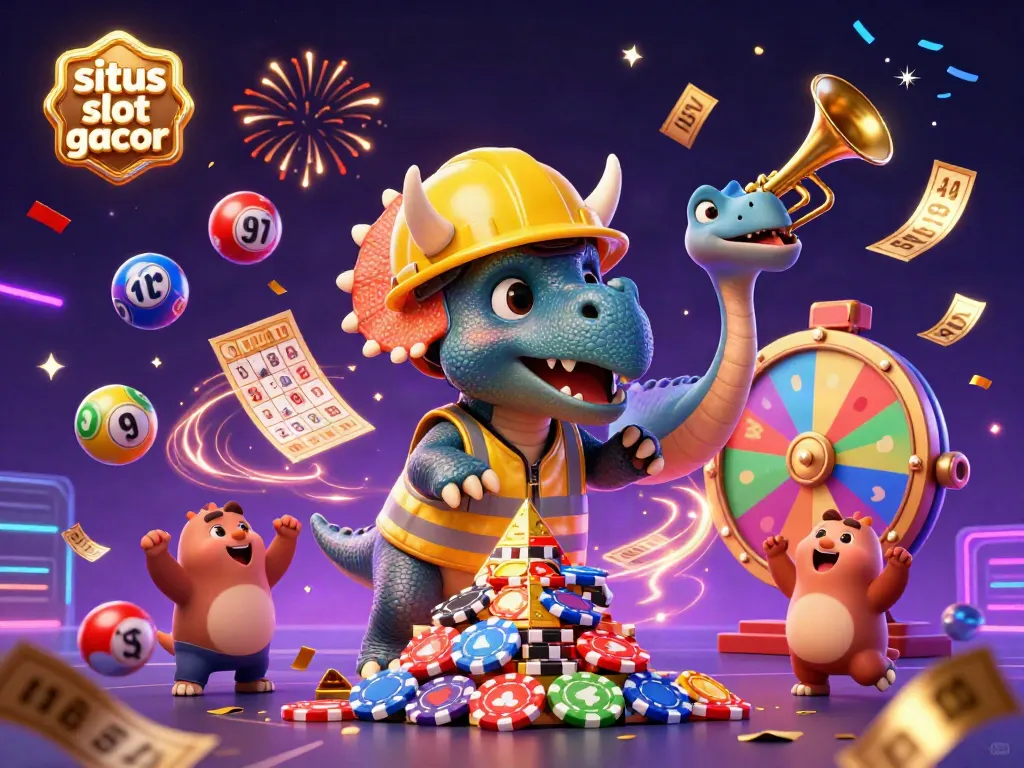 Situs slot gacor showcases vibrant casino fun with a triceratops, lottery balls, and poker chips in celebration.