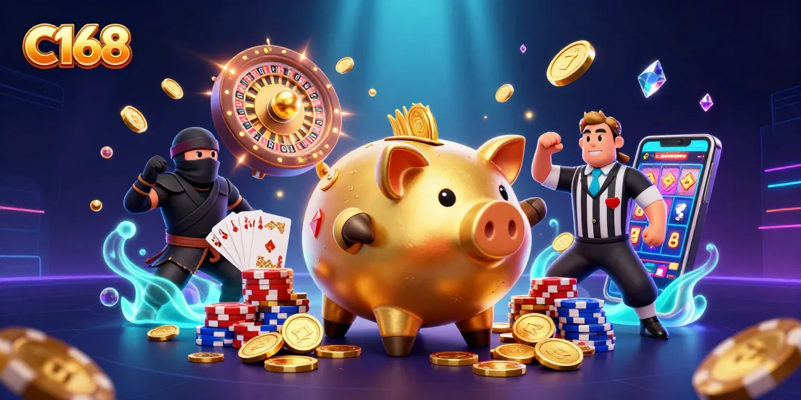 C168 casino experience featuring a piggy bank sumo wrestler surrounded by coins and vibrant game elements.