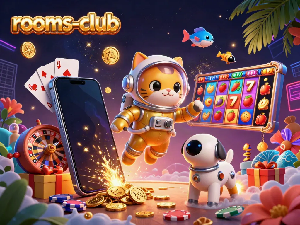 Rasakan keseruan bermain di rooms-club dengan ilustrasi kucing astronot dan robot anjing dalam suasana kasino.