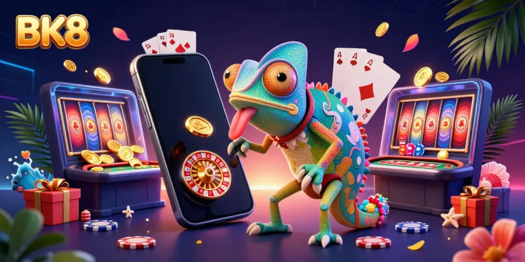 Engage with BK8's vibrant casino experience featuring a colorful chameleon and dynamic gaming elements.