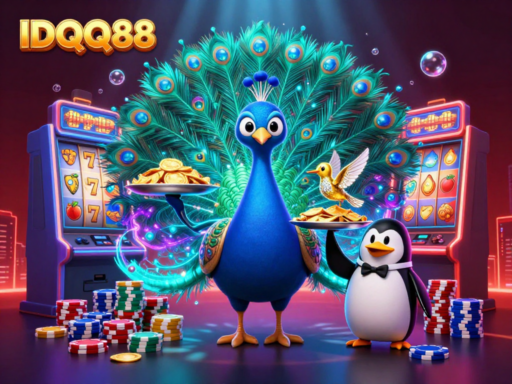 Play exciting slot games at IDQQ88 with vibrant symbols and animated characters in a dynamic scene.