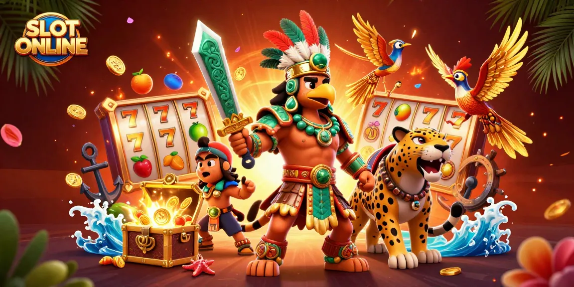 Menangkan slot online di kasino dengan karakter Aztec dan simbol keberuntungan yang bersinar.