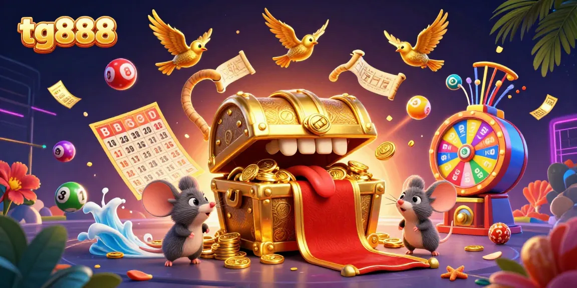 Engage in the rich rewards of tg888's online casino surrounded by vibrant game elements.