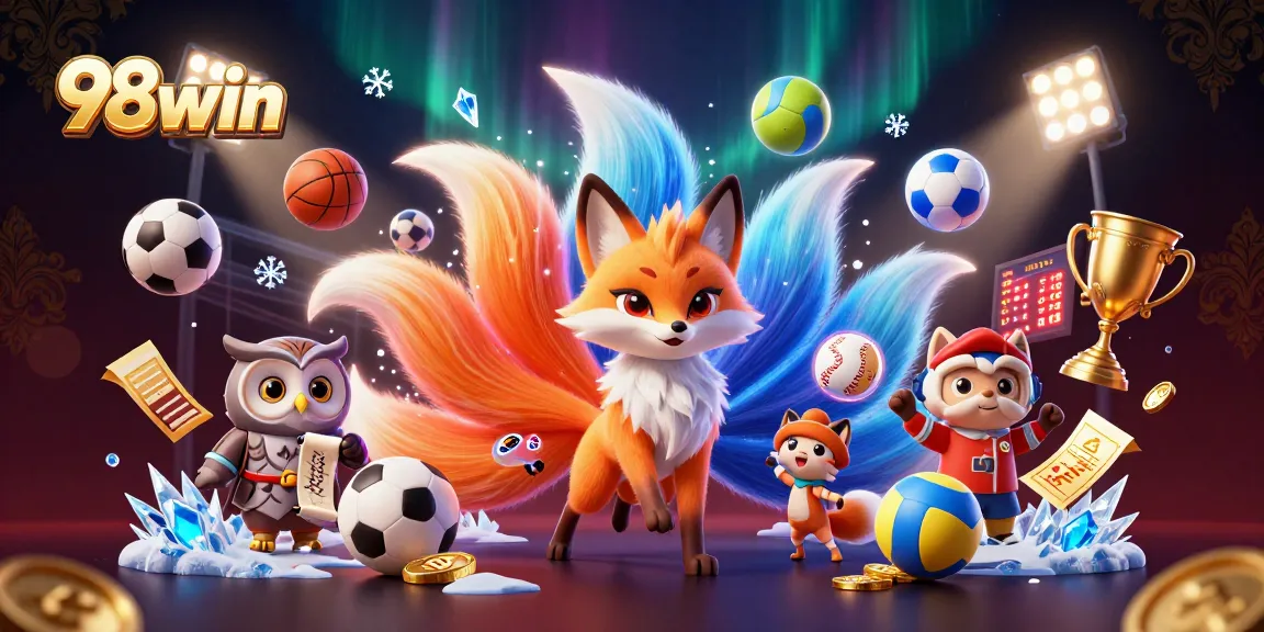 Engage in thrilling gameplay with 98win's vibrant casino spirit illustration, featuring dynamic sports elements.