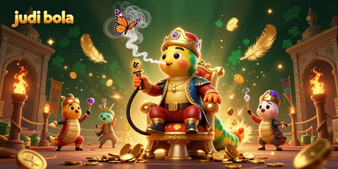 Engage in judi bola with a vibrant 3D illustration showcasing a caterpillar master amidst golden coins and sports symbols.