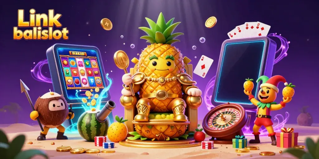 Spin the reels at Link balislot with a golden pineapple king amidst a vibrant beach casino.
