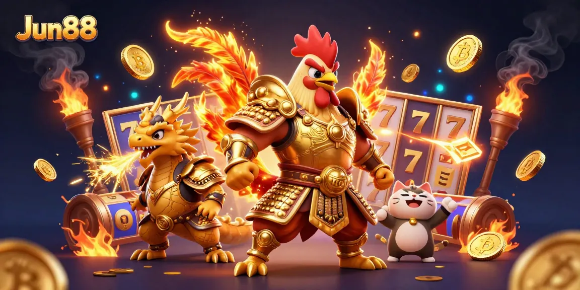 Jun88 features an epic rooster warrior and dragon in a vibrant casino-themed 3D illustration.