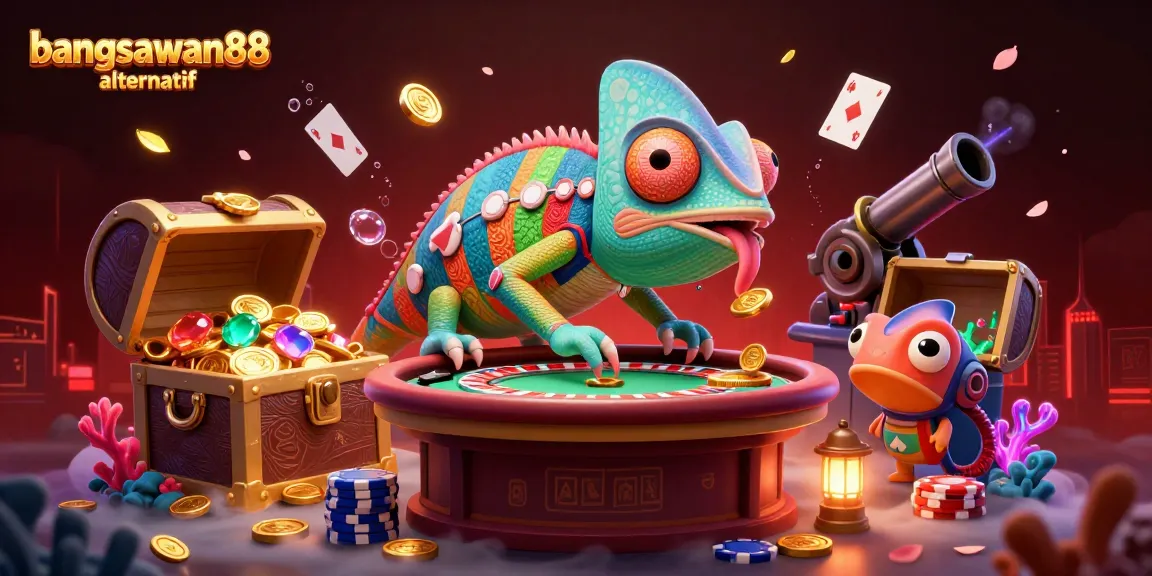 Experience the thrill of bangsawan88 alternatif with this vibrant casino scene showcasing a chameleon owner and dynamic elements.