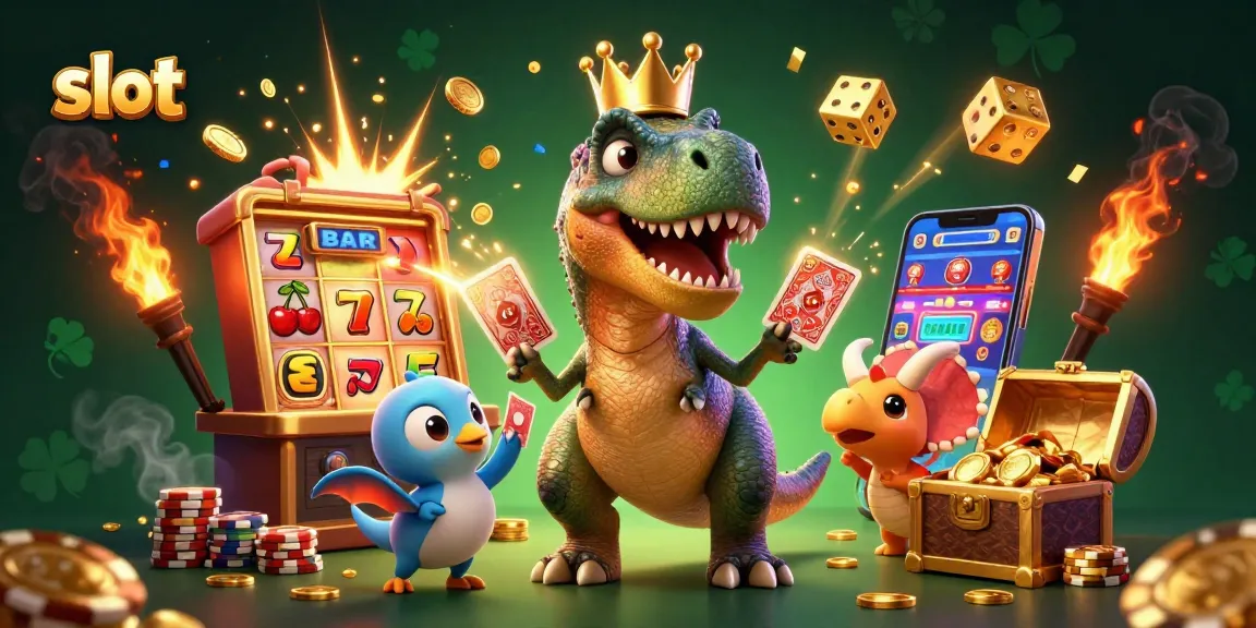 Putaran slot yang seru dengan karakter dinosaur dan jackpot di tengah suasana kasino.