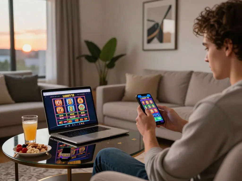 Enjoying luxury12 slots in a cozy home setting with snacks and smartphone.