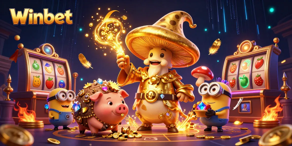 Winbet casino illustration capturing magical moments, golden characters surrounded by vibrant slot elements.