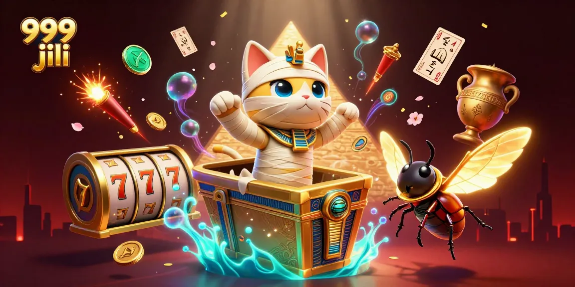 Engage with 999 jili in a vibrant casino scene featuring a mummy cat and dynamic slot elements.