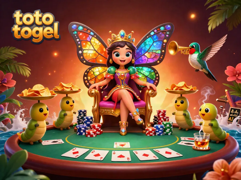 Engaging scene of a butterfly queen and characters celebrating with toto togel, surrounded by poker elements and vibrant colors.