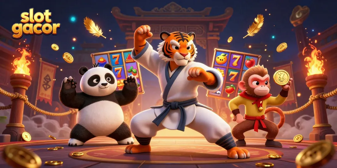 Gambar slot gacor menampilkan harimau kung fu, panda, dan monyet mencuri medali di arena judi.