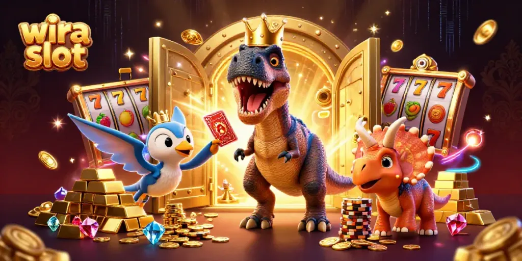 Engage in the vibrant wira slot scene with cartoon dinosaur characters amidst golden treasures and slot reels.