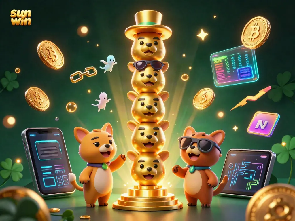 Engage in sun win gaming excitement with dynamic characters and crypto elements in a vibrant casino scene.