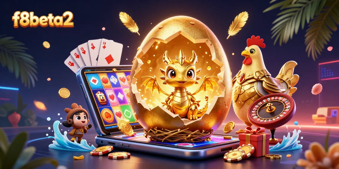 Engage with f8beta2, showcasing a baby dragon and poker chips amidst vibrant casino elements in a stunning 3D illustration.