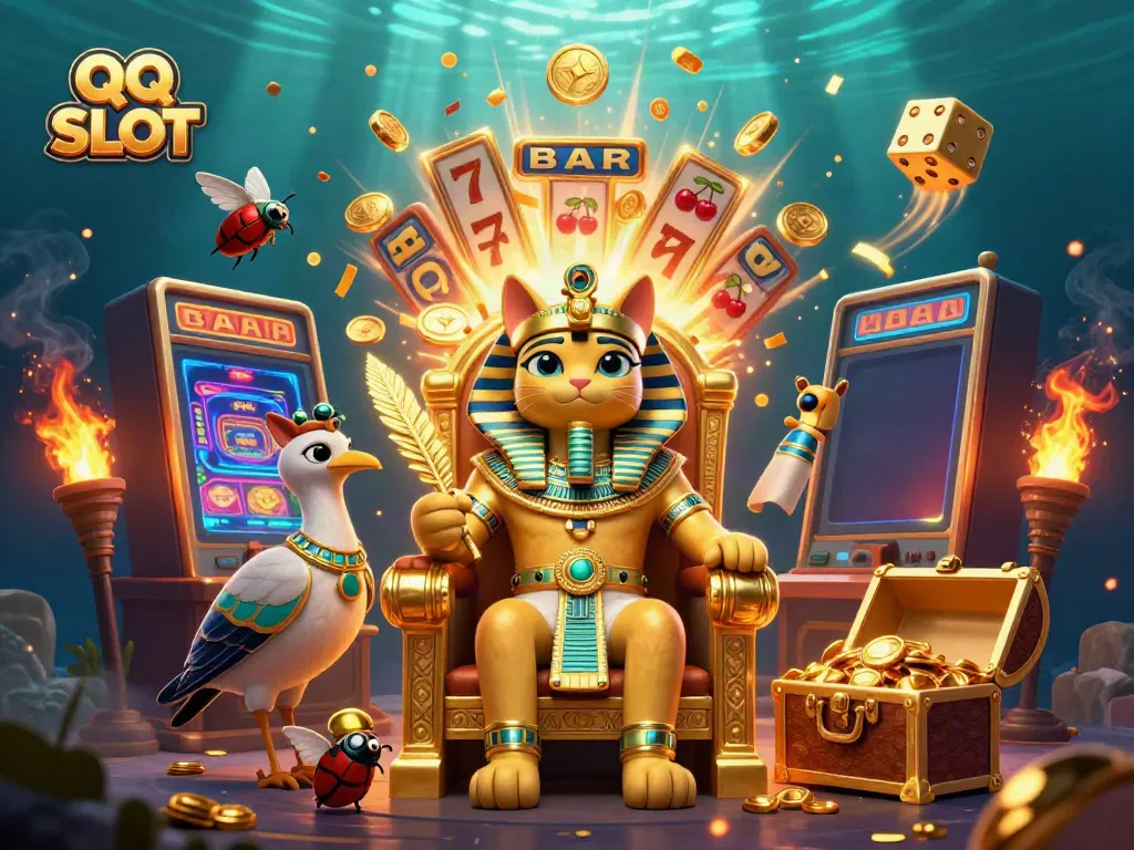 Experience thrilling gameplay with QQ SLOT in a vibrant, detailed casino scene featuring a pharaoh cat and slot machine.