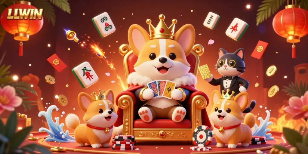 LLWIN showcases a royal corgi on a poker throne, presenting a vibrant casino scene.