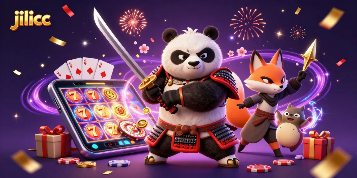 Engage in thrilling gaming action with jilicc featuring samurai panda, ninja fox, and spirit tanuki in a colorful casino scene.