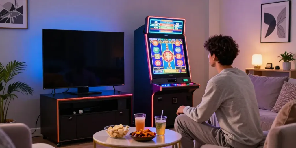 Slot permainan digital di ruang hiburan modern dengan pengunjung nyaman.