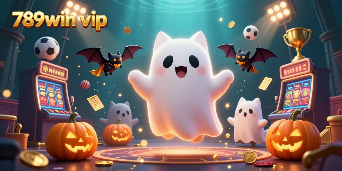 Experience thrilling 789win vip gaming with friendly ghost cat and vampire bat in a vibrant casino.