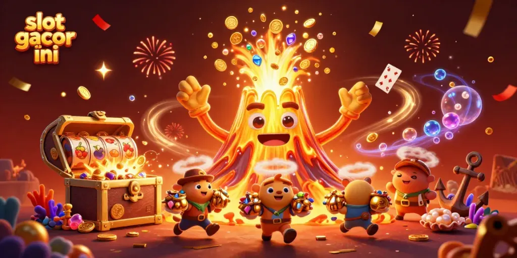 Slot gacor malam ini menampilkan ilustrasi 3D dengan gunung berapi emas dan harta karun.