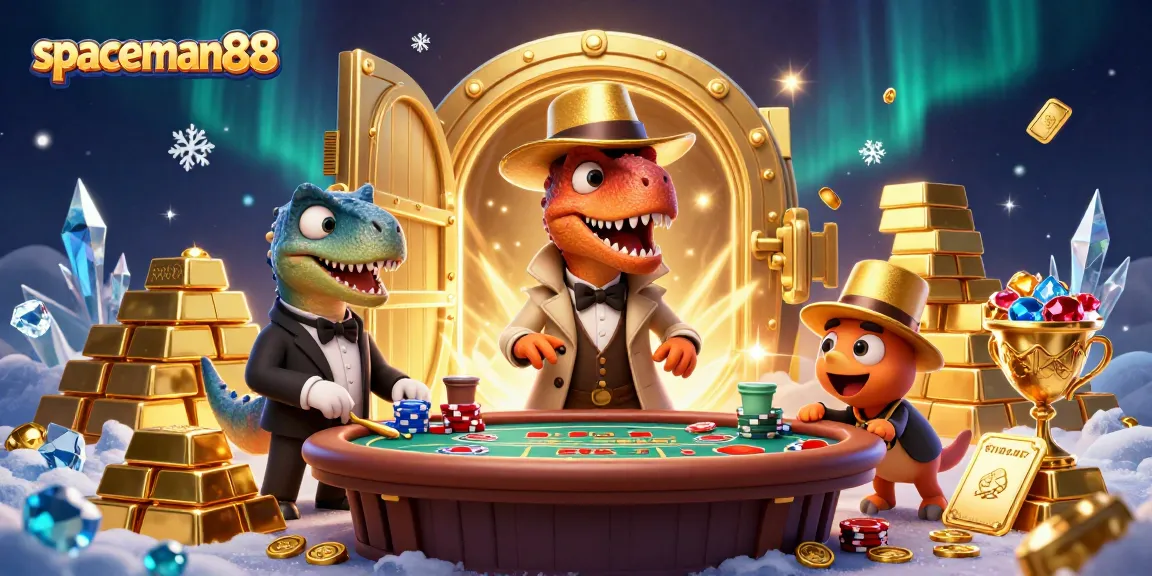 Spaceman88 gamers stack chips amidst vibrant casino elements in a dynamic 3D scene.