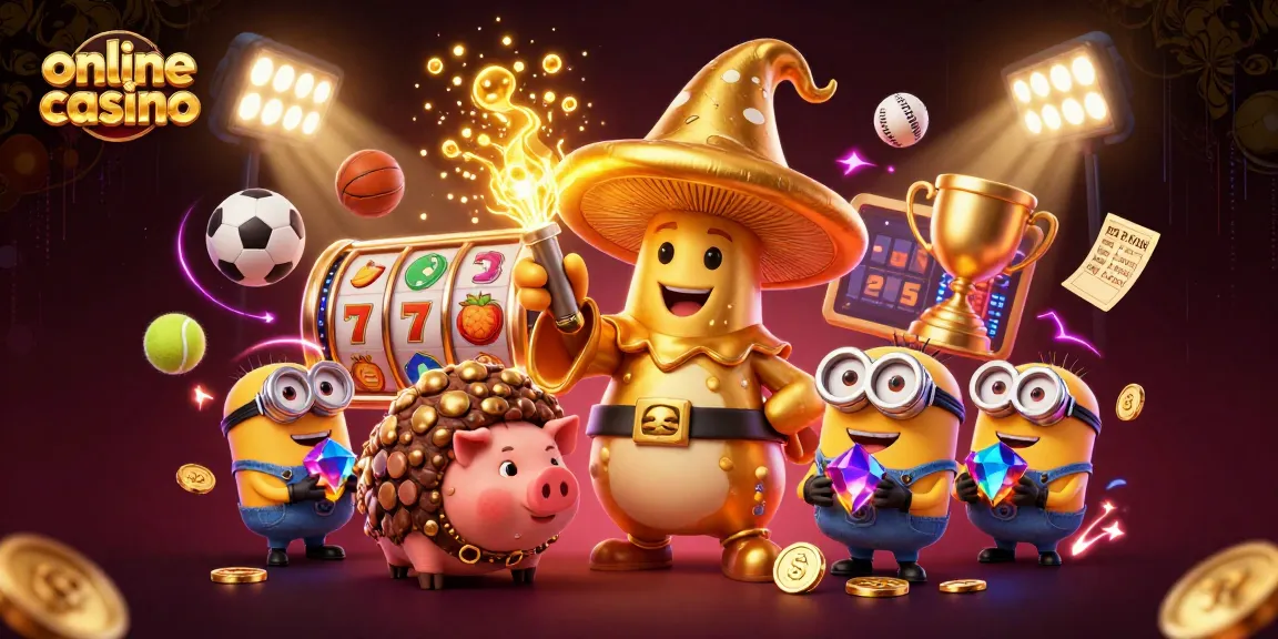 Interactive online casino scene featuring a golden mushroom wizard, truffle pig, and gemstone minions amidst vibrant game elements.