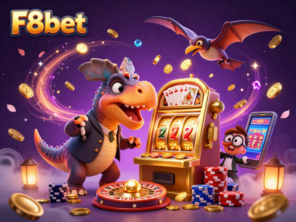 F8bet showcases an exciting scene of casino action with colorful characters and jackpot coins.